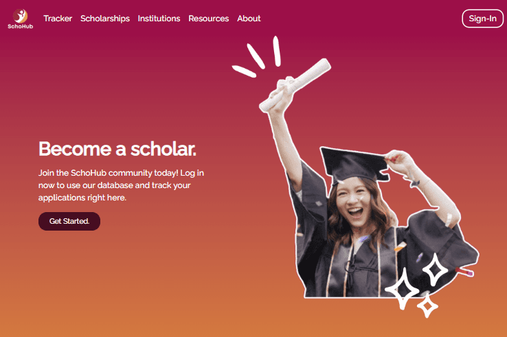SchoHub's landing page, with navigation into the scholarship tracker, the scholarships and institutions database, and resources.